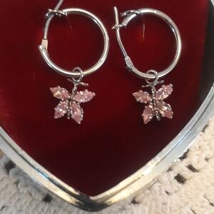 14K White Gold Pink Cubic Zirconic Hoop Earrings Retail $400